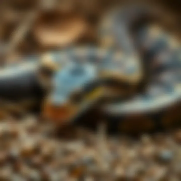 Close-up of a ball python nestled in a natural substrate, demonstrating comfort and security