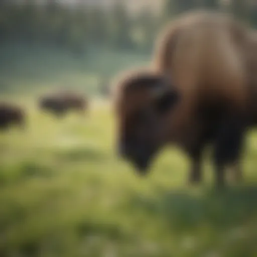 Bison grazing in a lush green meadow during spring