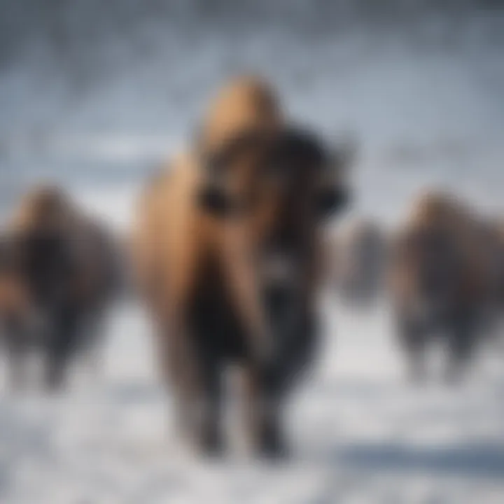 Bison herd moving through a snowy landscape in winter