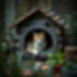 A cozy outdoor cat warming house nestled in a garden