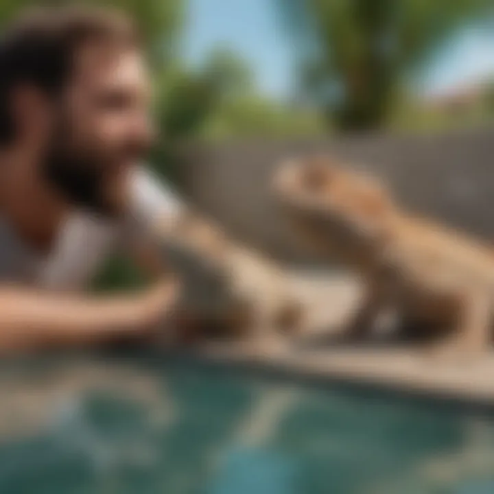 Owner interacting with a bearded dragon near a swimming pool