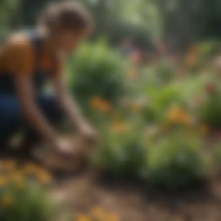 A gardener planting annuals to enhance biodiversity