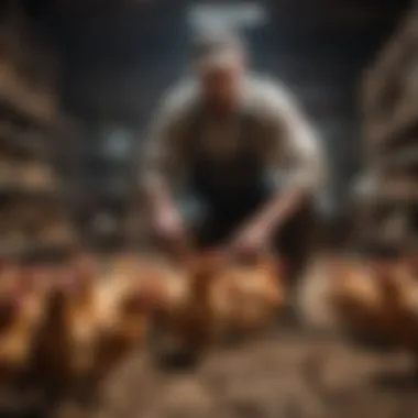 Best Practices in Chicken Management A farmer tending to chickens, demonstrating best practices in poultry care and management.