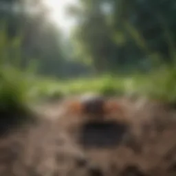 A lush backyard with tall grass and shrubs, showcasing potential tick habitats.