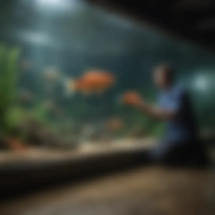 A scientist conducting research on aquatic species at an aquarium.