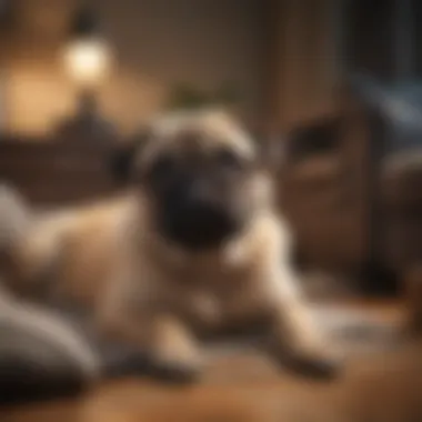 A pug hybrid relaxing in a cozy environment