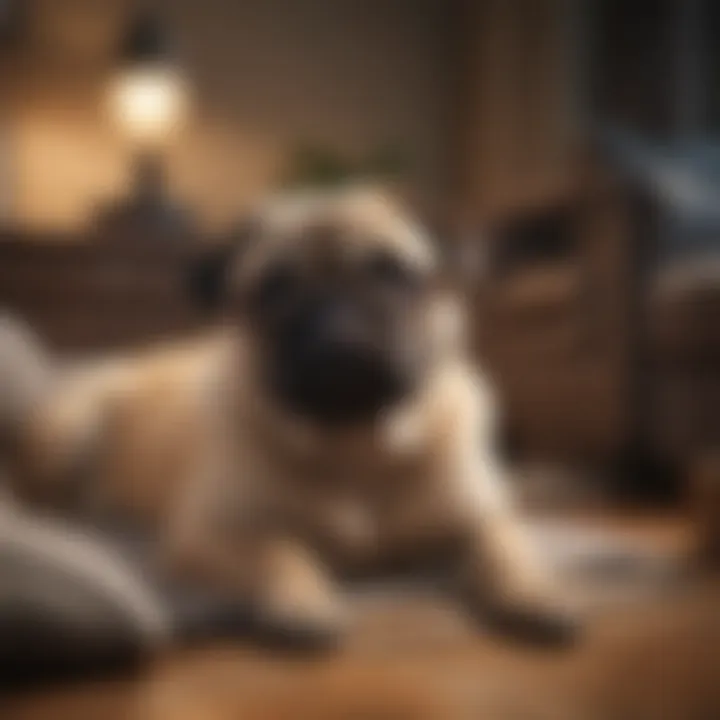 A pug hybrid relaxing in a cozy environment