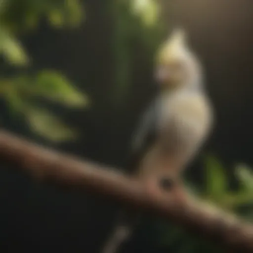 A vibrant cockatiel perched on a wooden branch