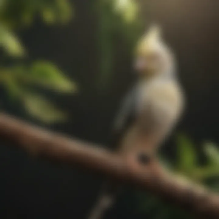 A vibrant cockatiel perched on a wooden branch