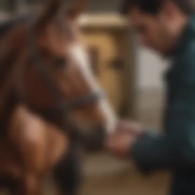 A veterinarian demonstrating the proper application of Quest Equine Wormer on a horse.