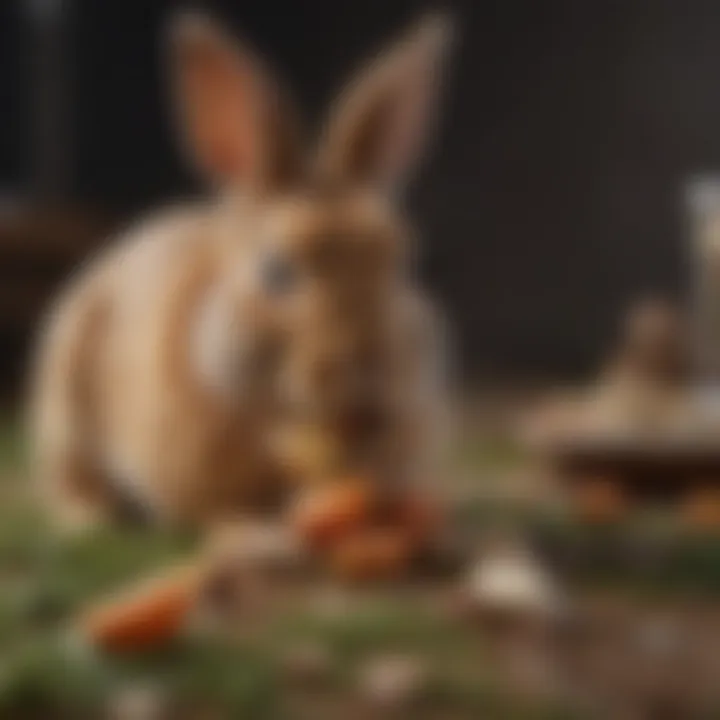 A close-up of a rabbit happily munching on chewy food