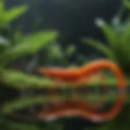 A vibrant cherry shrimp amidst lush aquatic plants