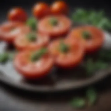 A gourmet dish featuring sliced Red Beefsteak Heirloom Tomatoes with fresh herbs