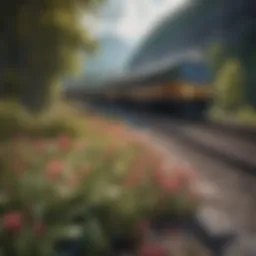 Scenic view of a Royal Canadian train traveling through breathtaking landscapes.