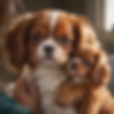 Ruby Cavalier King Charles Spaniel puppy cuddling with a child