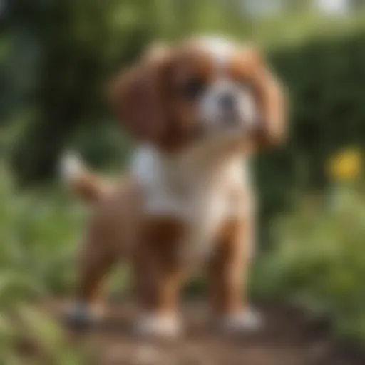 Ruby Cavalier King Charles Spaniel puppy playing in a garden