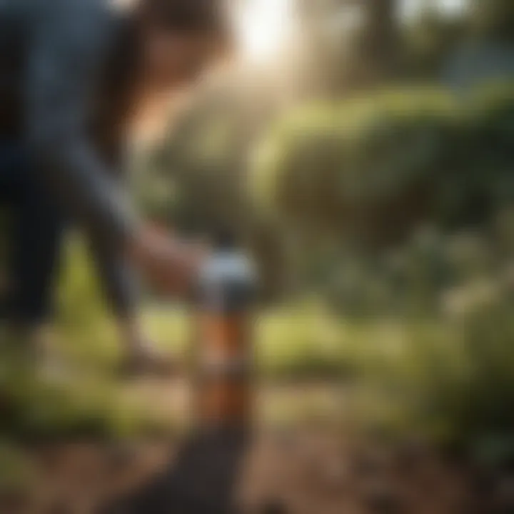 Person applying tick killer yard spray in a garden