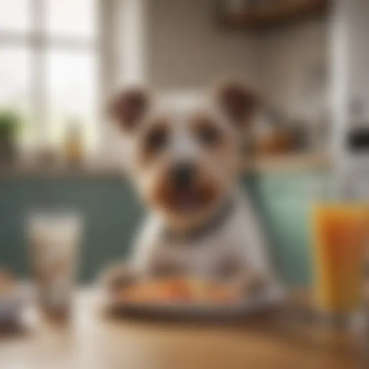 A happy terrier enjoying a nutritious meal in a bright kitchen