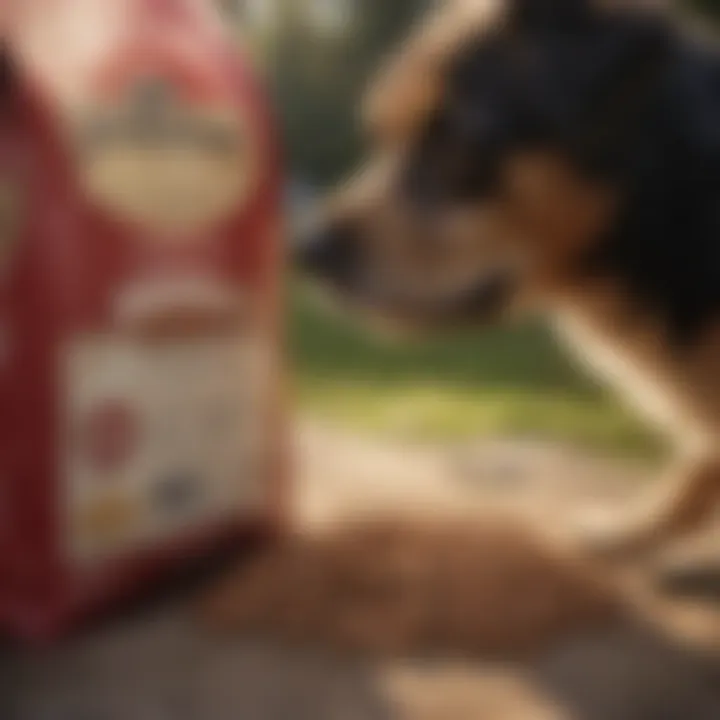 A dog owner reading a label on a bag of high-quality dog food