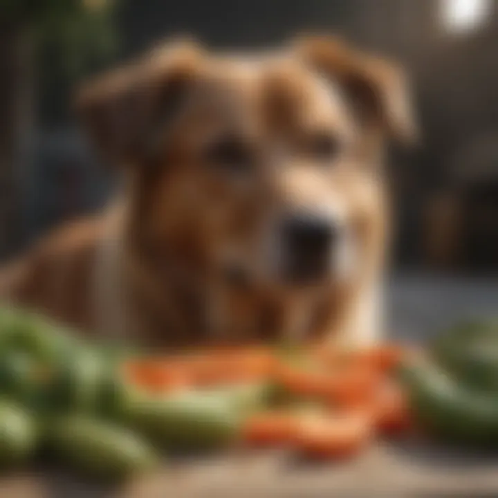 A dog enjoying a vegetable snack outdoors