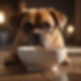 A dog looking distressed with a bowl nearby