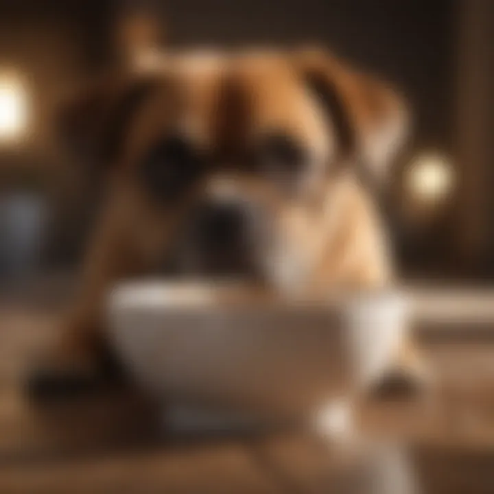 A dog looking distressed with a bowl nearby