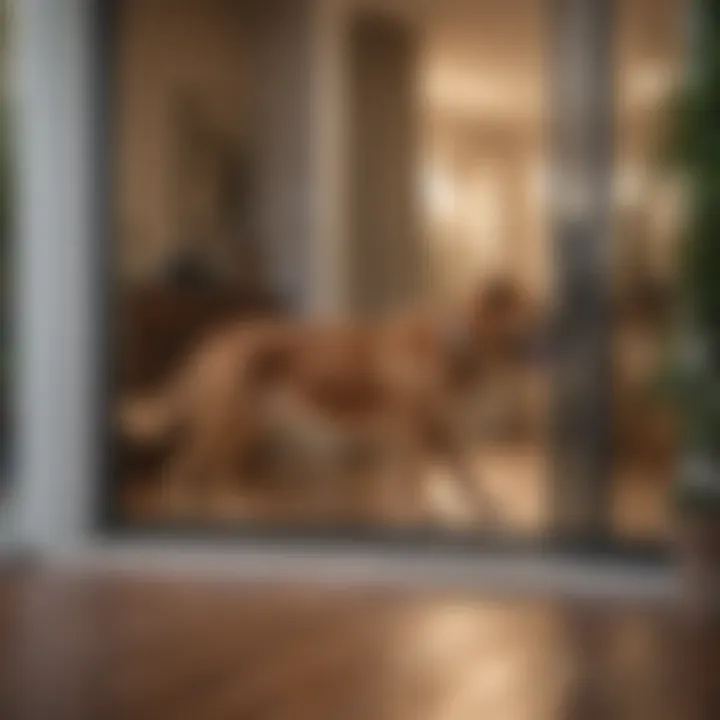 A large dog happily using a sliding glass door to access the backyard.