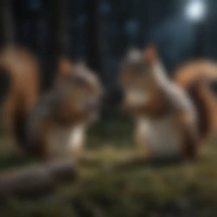 Squirrels interacting within their ecosystem at night