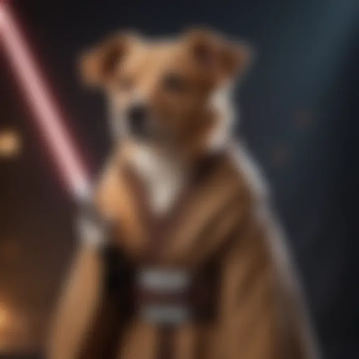 A dog dressed as a Jedi, complete with a robe and lightsaber