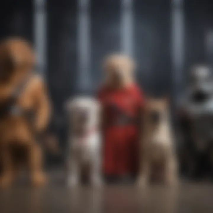 Group of dogs showcasing various Star Wars character costumes at a pet event