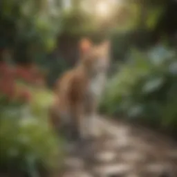 A lush garden with vibrant plants and a few stray cats lurking