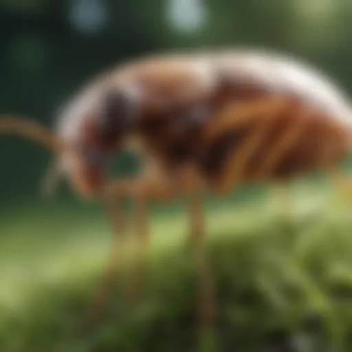 Close-up view of a flea on grass blades