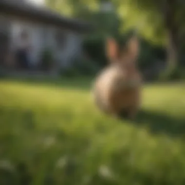A homeowner inspecting their lawn for rabbit-friendly elements.