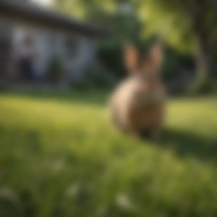 A homeowner inspecting their lawn for rabbit-friendly elements.