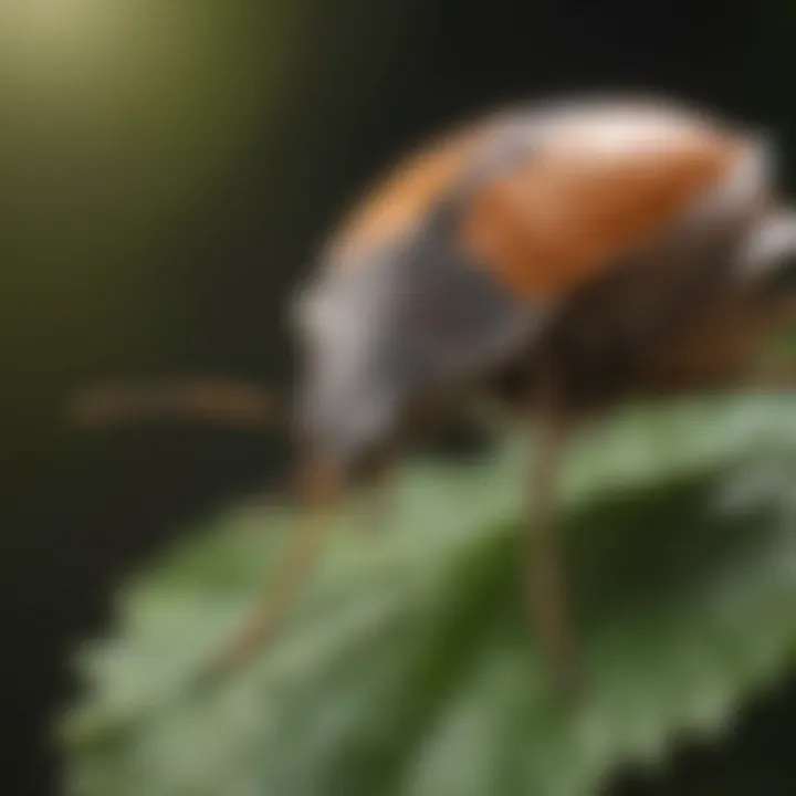 A close-up view of a stink bug on a leaf, showcasing its distinct coloration and texture.