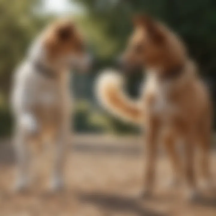 Two dogs interacting with their tails wagging, symbolizing friendship