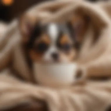 A close-up of a teacup dog nestled in a cozy blanket, showcasing its delicate features.