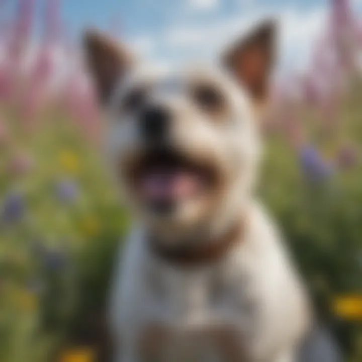 A close-up of a terrier surrounded by vibrant wildflowers beneath a clear sky.