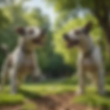 A group of terriers playing together in a lush green park under a sunny sky.