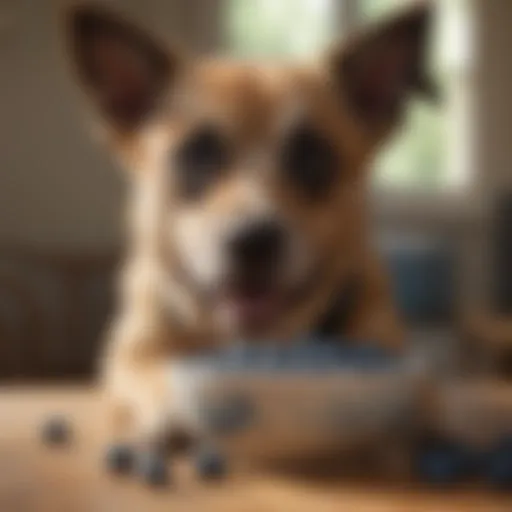 A dog enjoying fresh blueberries in a bowl