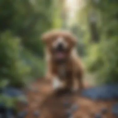 Playtime with Nature's Treats A happy dog playing outdoors surrounded by blueberry bushes
