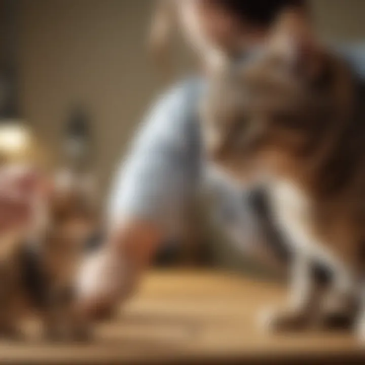 A veterinarian explaining flea and tick treatments to a cat owner.