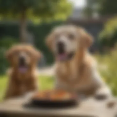 Labrador Enjoying a Meal Outdoors A happy Labrador enjoying a meal outdoors in a sunny garden.