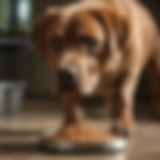 A Labrador thoughtfully observing its food bowl filled with premium dry dog food.