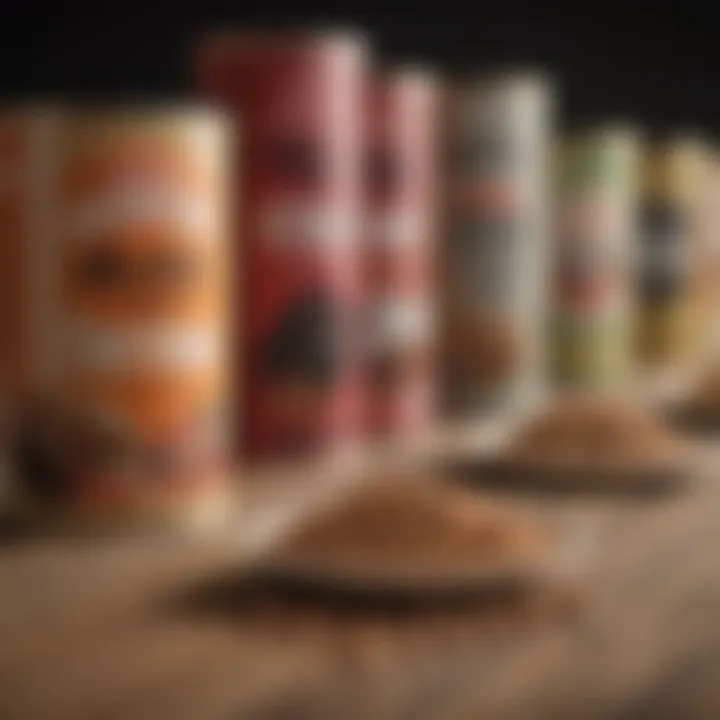 A variety of high-quality grain dog food products displayed on a wooden surface.