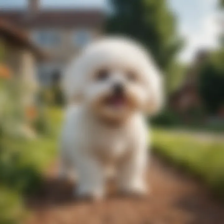 A lively Bichon Frise playing in a sunny garden.