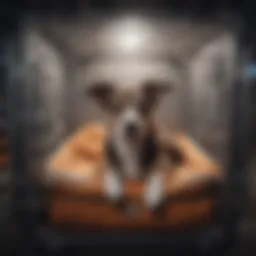 A serene dog resting comfortably in a travel crate during an international flight.