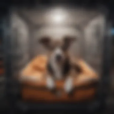 A serene dog resting comfortably in a travel crate during an international flight.