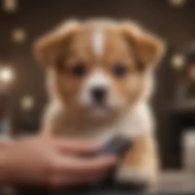 A calm puppy being gently held during a nail trimming session