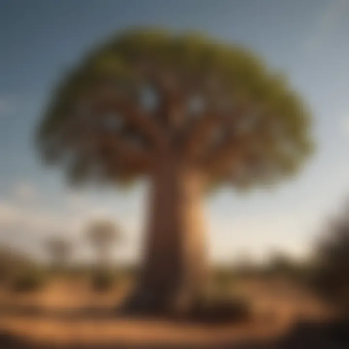 A scenic view of a sprawling baobab tree, known for its distinctive shape and massive trunk.